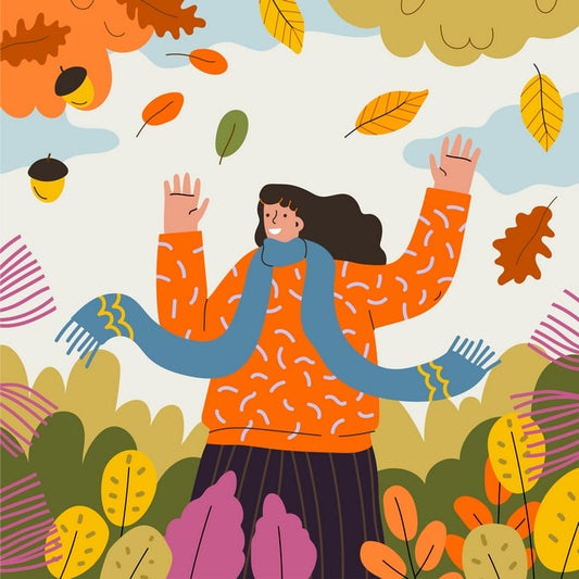 Illustration einer Frau, die jubelnd die Arme in fallendem Herbstlaub hebt