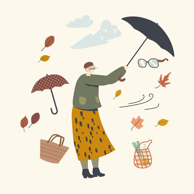 Illustration einer Frau, die im starken Herbstwind mit ihrem Regenschirm kämpft, während Blätter fliegen