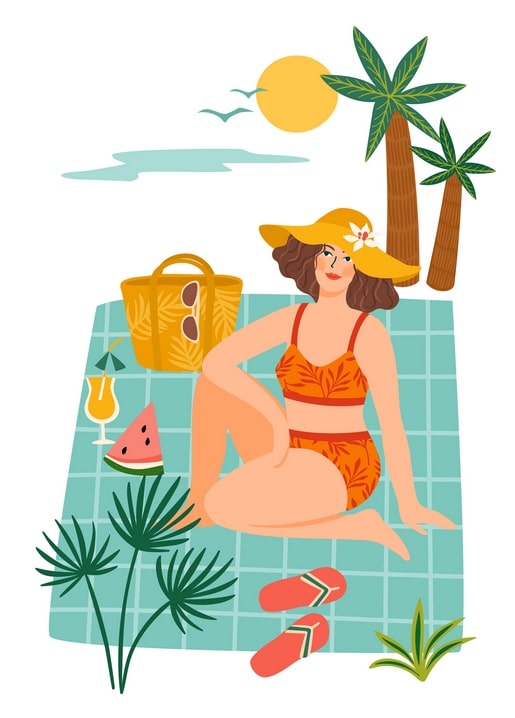 Woman in a floral bikini sunbathing on a tiled blanket with palm trees and a watermelon cocktail