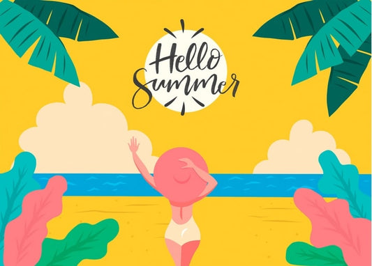 Woman in a pink swimsuit facing the sea between palm leaves under a golden sun