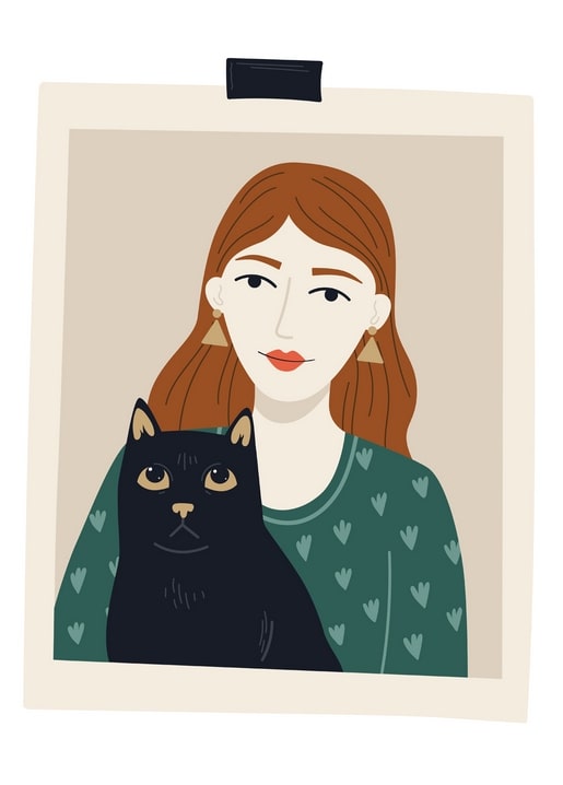 Illustrated portrait of a young woman holding a black cat, styled like a taped photograph