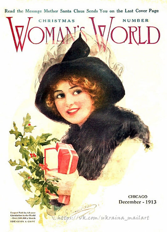 Вінтажна обкладинка журналу Woman's World: жінка в чорному капелюсі з гостролистом, 1913 рік