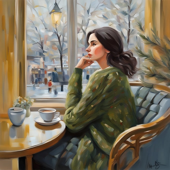 Illustrated woman in a green sweater watching snowfall from a café window with tea on the table