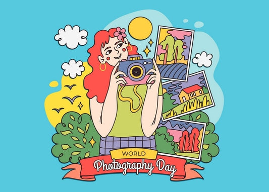 Woman with a flower in her hair holding a camera beside colorful landscape photos for World Photography Day