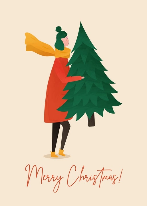 Illustrierte Frau im roten Mantel trägt einen Weihnachtsbaum nach Hause