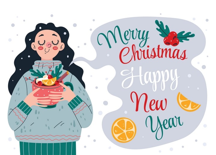 Woman holding a mug of cocoa with orange and cinnamon beside a Merry Christmas greeting