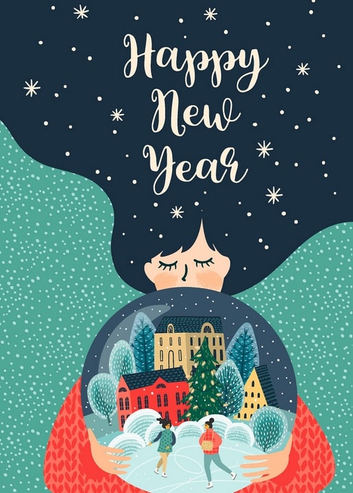 Hands cradling a snow globe with a winter town under a starry night sky