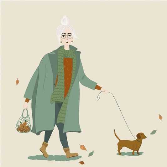 Illustration einer Frau im grünen Mantel, die mit ihrem Dackel durch Herbstlaub spaziert