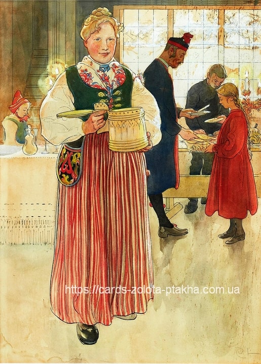 Акварель Карла Ларссона 1894 року «Різдвяний ранок» — жінка в далекарлійському костюмі