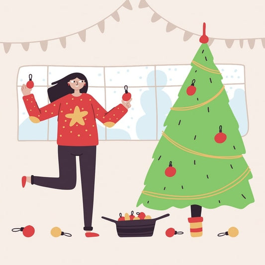 Woman in a red star-print sweater hanging ornaments on a Christmas tree beside a snowy window
