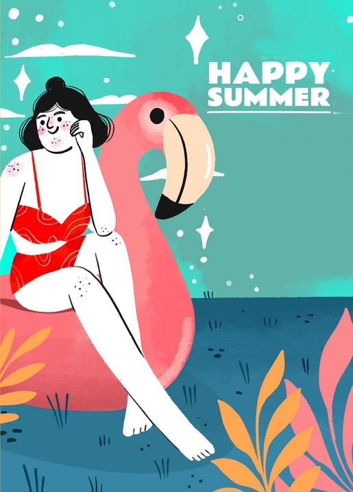 Woman relaxing on a giant pink flamingo pool float with Happy Summer lettering