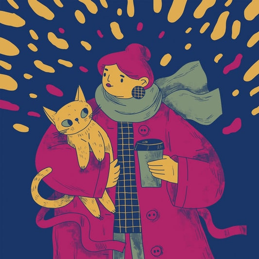 Illustration einer Frau im Magenta-Mantel mit rotem Kater und Kaffee vor Sonnenburst-Hintergrund