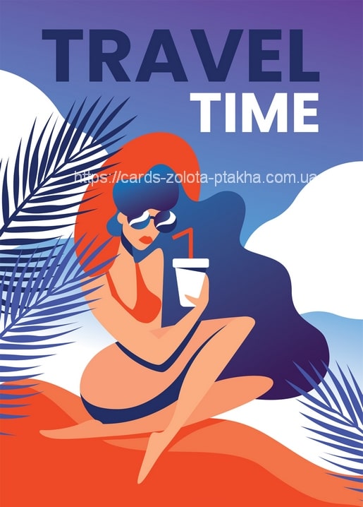 Postkarten-Illustration einer Frau mit Sonnenbrille, die am Strand ein Getränk trinkt