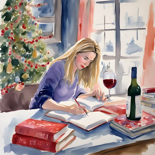 Watercolor illustration of a woman journaling with wine and books by a Christmas tree