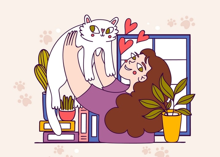Illustration of a woman lifting a white cat overhead with hearts around them