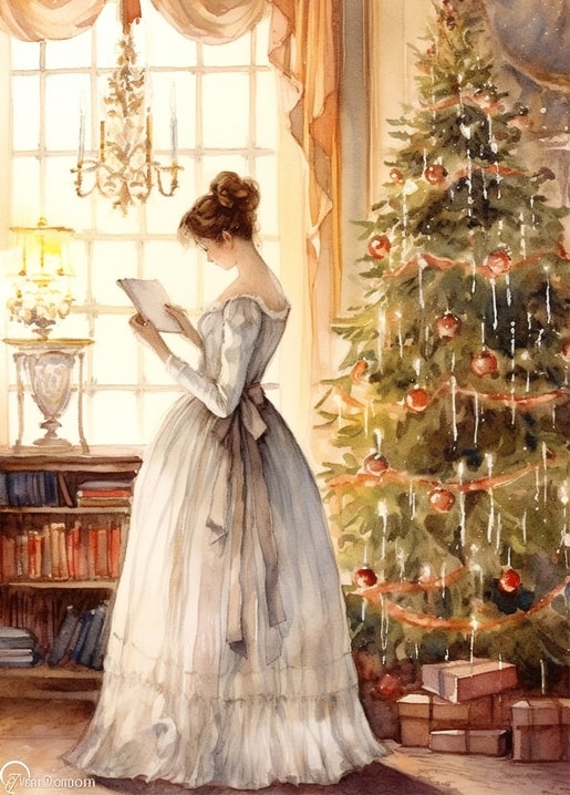 Aquarell einer Frau im viktorianischen Kleid, die einen Brief neben dem Weihnachtsbaum liest