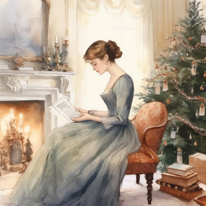 Aquarell-Illustration einer Frau, die am Kamin neben einem Weihnachtsbaum liest