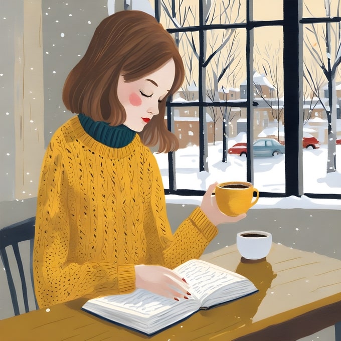 Woman in a yellow sweater reading a book with coffee by a snowy window