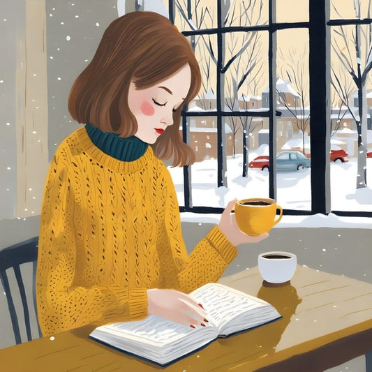 Woman in a yellow sweater reading a book with coffee by a snowy window