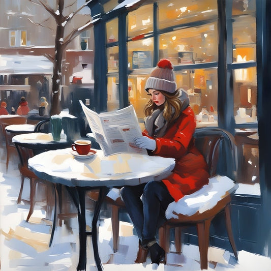 Illustration of a woman reading a menu at a snowy outdoor café table