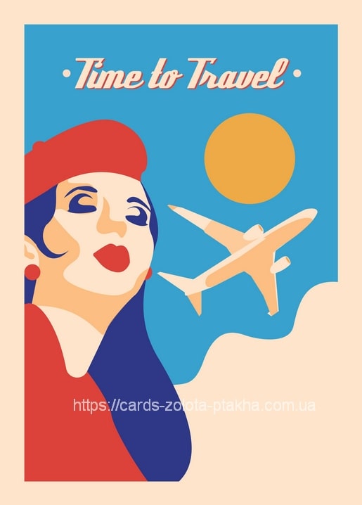 Illustrierte Frau mit roter Baskenmütze und Mantel blickt einem Flugzeug am blauen Himmel nach.