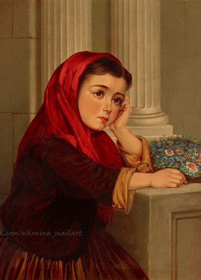 Вікторіанська листівка: жінка в червоній хустці біля кам'яної колони з квітами.