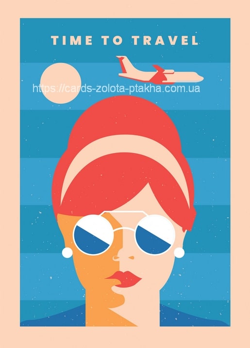 Illustrierte Frau mit rotem Kopftuch und runder Sonnenbrille, im Hintergrund ein Flugzeug am gestreiften Himmel.