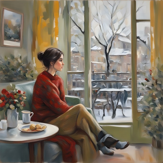 Woman in a red sweater relaxing by a window overlooking a snowy garden