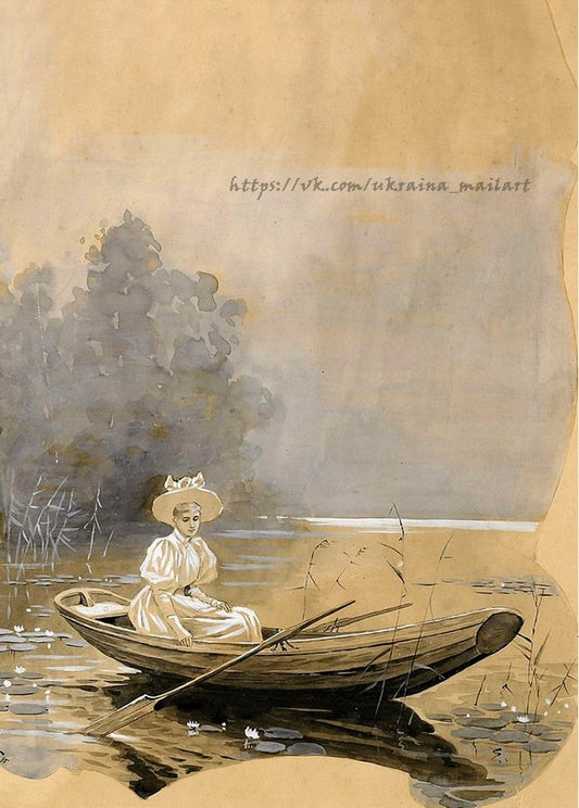 Sepia-Tuschillustration: eine Frau rudert allein über einen nebligen See mit Seerosen
