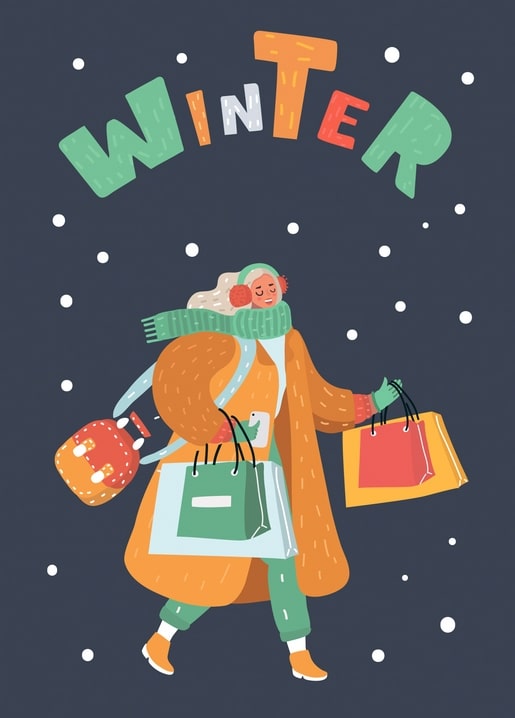 Woman in mustard coat carrying colorful shopping bags through snow