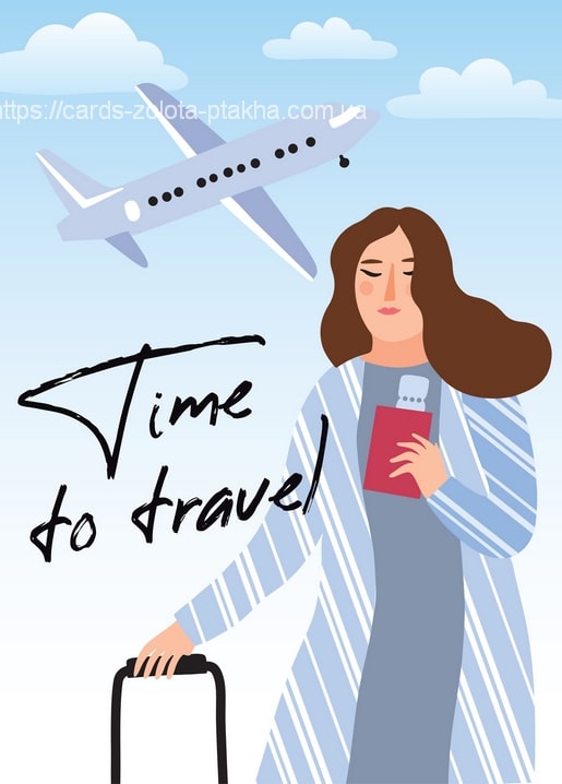 Postkarte mit einer Frau im gestreiften Mantel, Reisepass und Koffer unter einem Flugzeug