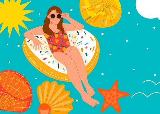 Woman in a fruit-print swimsuit sunbathing on an inflatable pool float
