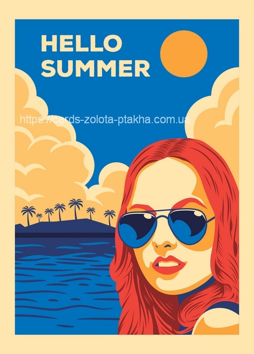 Rothaarige Frau mit Pilotenbrille am tropischen Strand im Retro-Poster-Stil
