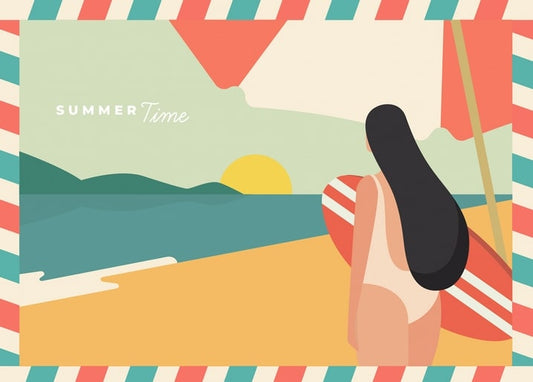 Flat-design illustration of a woman with a striped surfboard watching an ocean sunset