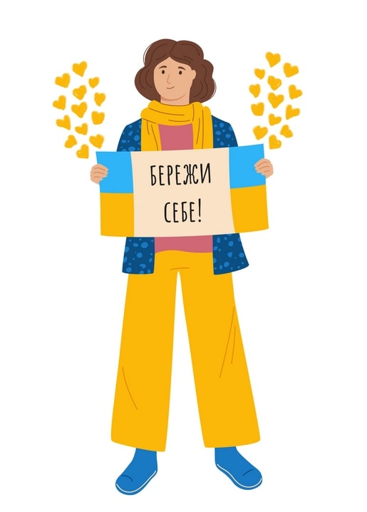 Illustration einer Frau in blau geblümter Jacke mit handgeschriebenem Schild „Pass auf dich auf!“.