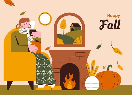 Illustration einer Frau mit Tee im Sessel am Kamin mit Kürbissen, Herbstpostkarte
