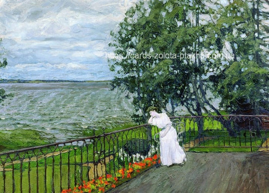 Картина Станіслава Жуковського: жінка в білій сукні спирається на поручень тераси над озером, унизу червоні квіти.