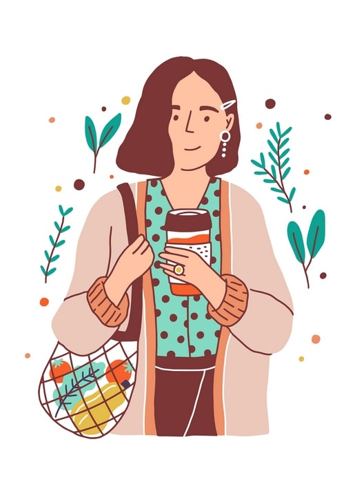 Illustration of a woman carrying a mesh tote of vegetables and a reusable coffee cup