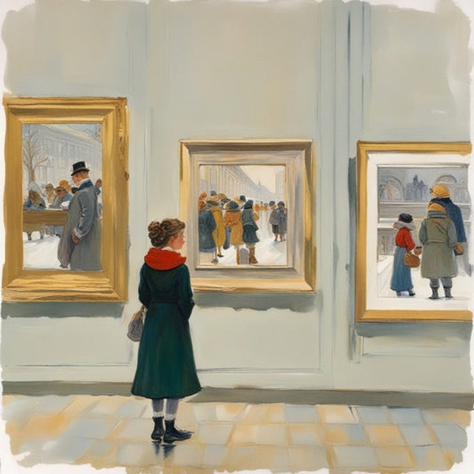 Illustration of a woman viewing framed paintings of a snowy vintage street in a gallery