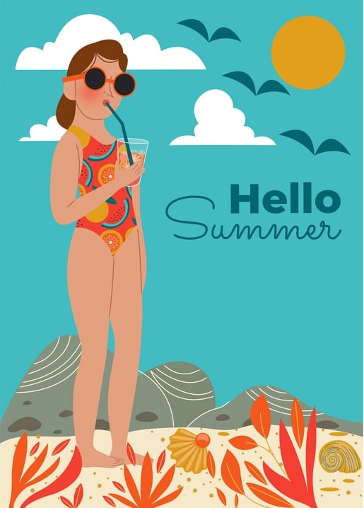 Illustration of a woman in a watermelon-print swimsuit drinking through a straw on the beach