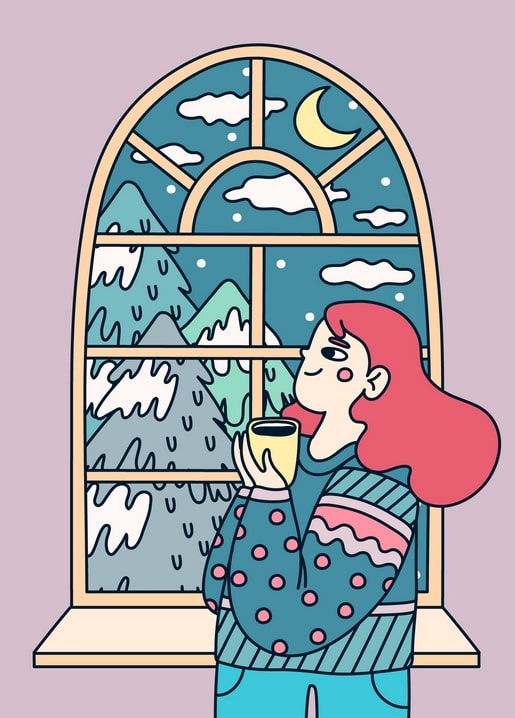 Woman in a knit sweater drinking from a cup by an arched window, looking at snowy mountains and a crescent moon