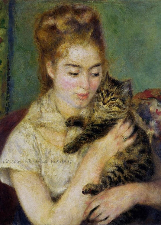 Renoir painting of a woman with auburn hair holding a tabby cat against her shoulder