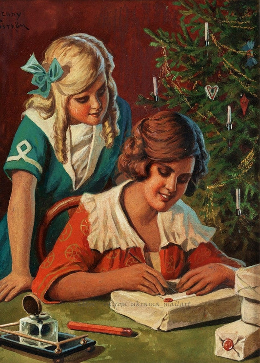 Jenny-Nyström-Illustration: Frau schreibt Weihnachtskarten am Baum, Mädchen schaut zu