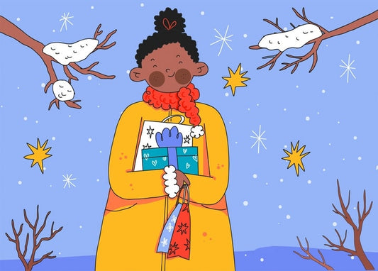 Woman in a yellow coat holding a gift box with two snowy owls on branches nearby