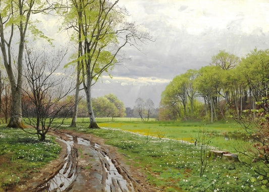 Peder Mørk Mønsted painting of white wood anemones along a muddy spring forest track