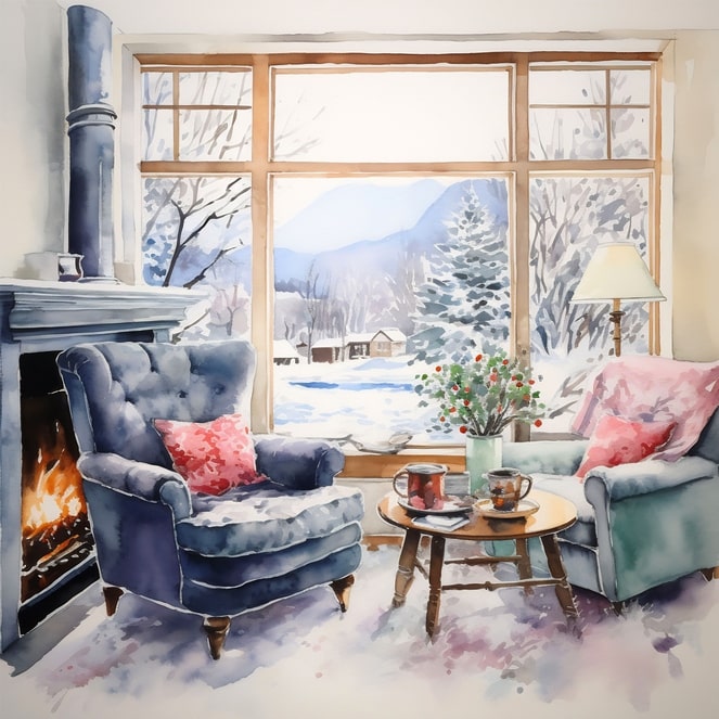 Aquarell mit Holzofen, Sesseln und Blick auf verschneite Berge im Fenster