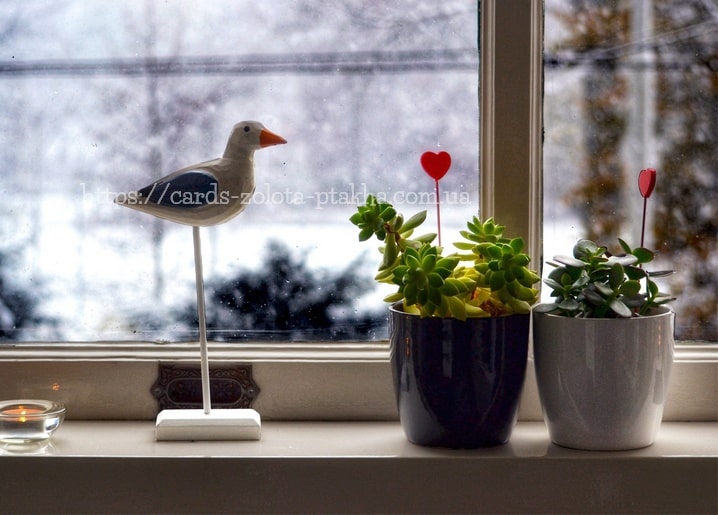 Holzvogel-Figur auf der Fensterbank neben Sukkulenten im Topf