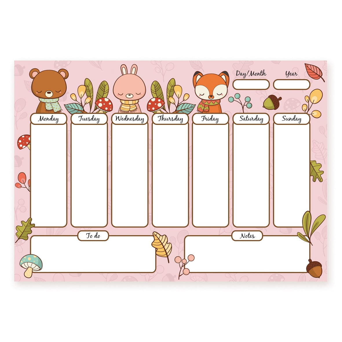 Autumn weekly planner with a bear, bunny, and fox in scarves among mushrooms and falling leaves