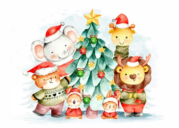 Aquarell mit Elefant, Bär, Giraffe und Reh, die einen Weihnachtsbaum schmücken