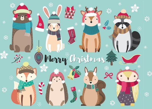 Illustrated bear, bunny, deer, raccoon, fox, hedgehog, squirrel and owl in winter hats and scarves
